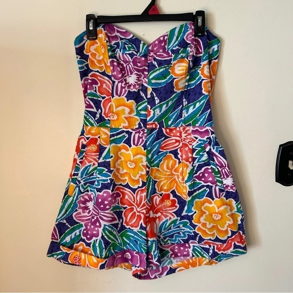 Rare Liz Sport Vintage 1980's Hawaiian Floral Print Strapless Cotton Romper Size